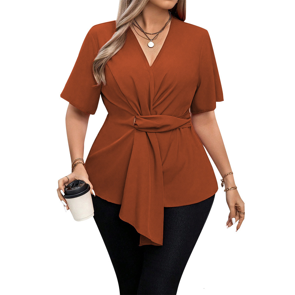 Large Womens V-neck Waist T-shirt Summer New Elegant Commuting Style Premium Temperament Top for Women