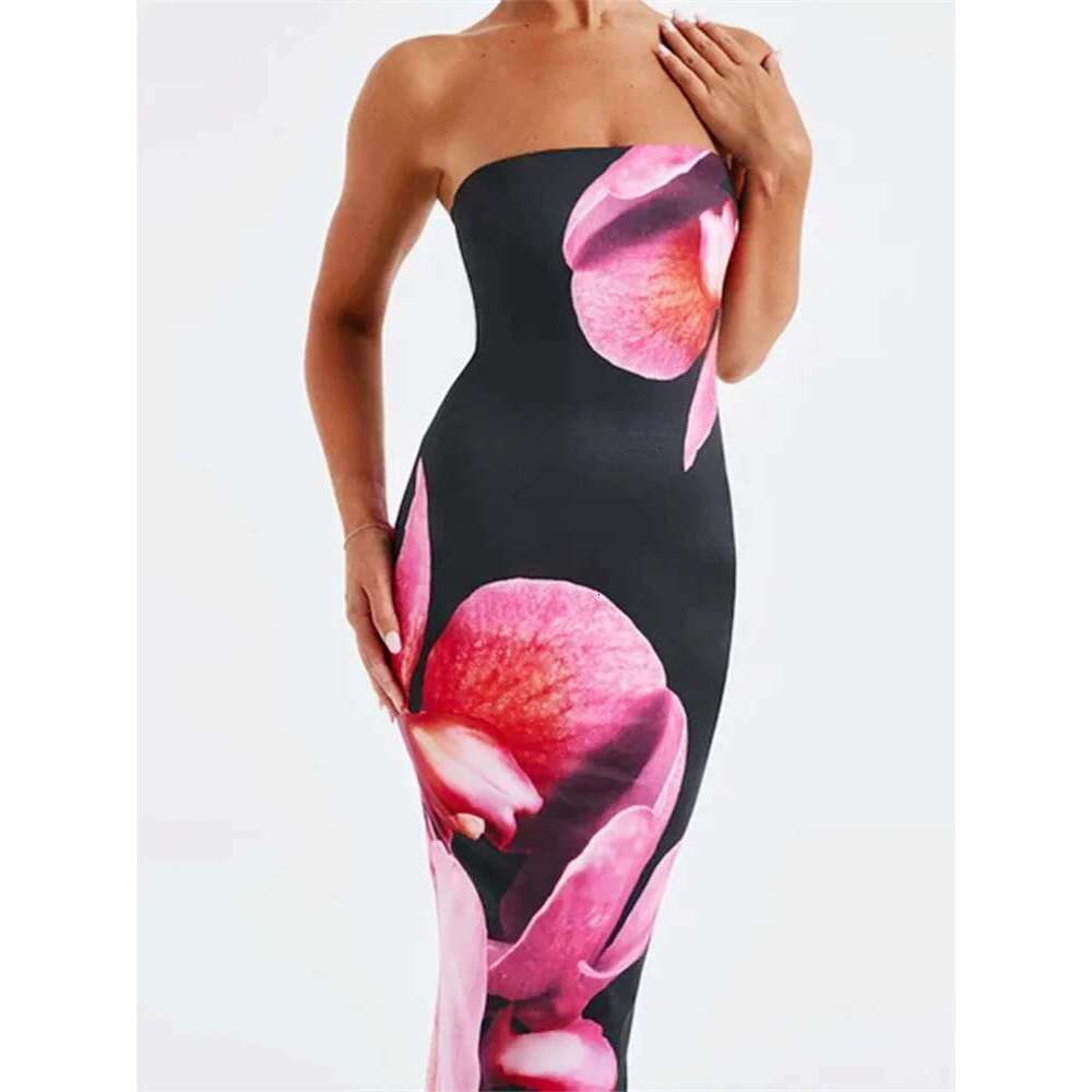 Women's Sleeveless Long Flower Print Strapless Bodycon Midi Dress Evening Party Club Casual Sexy Elegant Dresses
