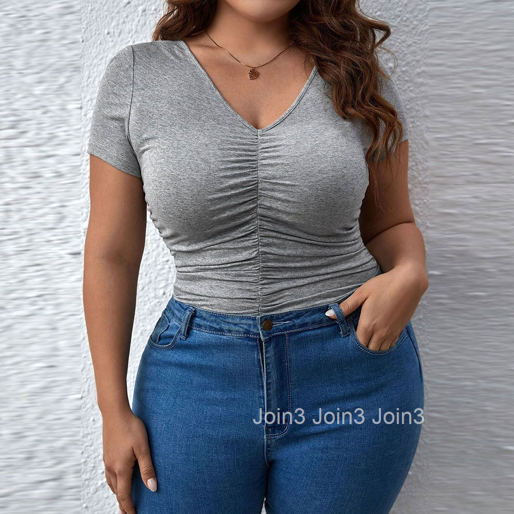 Plus Size Womens New Slim Fit V-neck Solid Color Short Sleeved T-shirt Womens Top Top