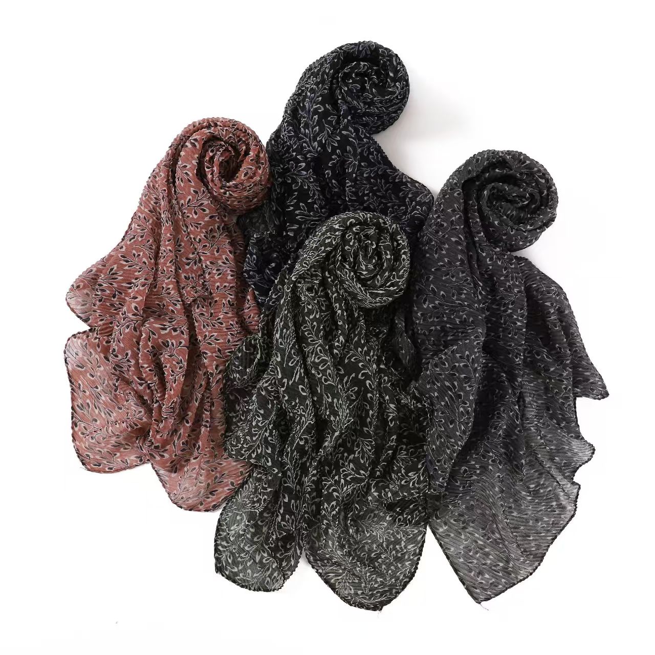 T722 retro wrinkled leaf print long scarf pleated cotton and linen scarf shawl dual-use cross-border thin neck scarf women