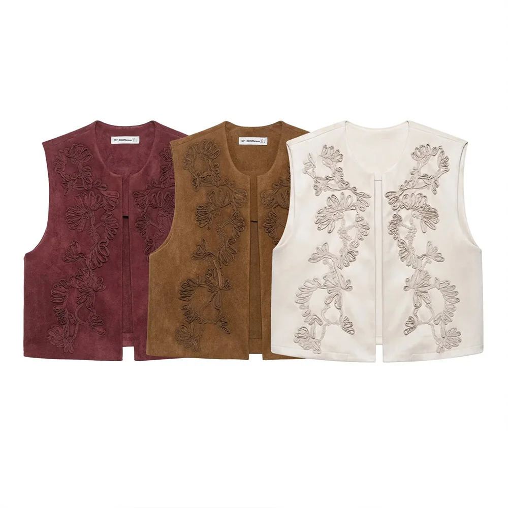 Wine Red White Brown Three Color Round Neck Sleeveless Embroidery n Women Open Stitch Suede Texture Vest Coat ZATT 2025 250506