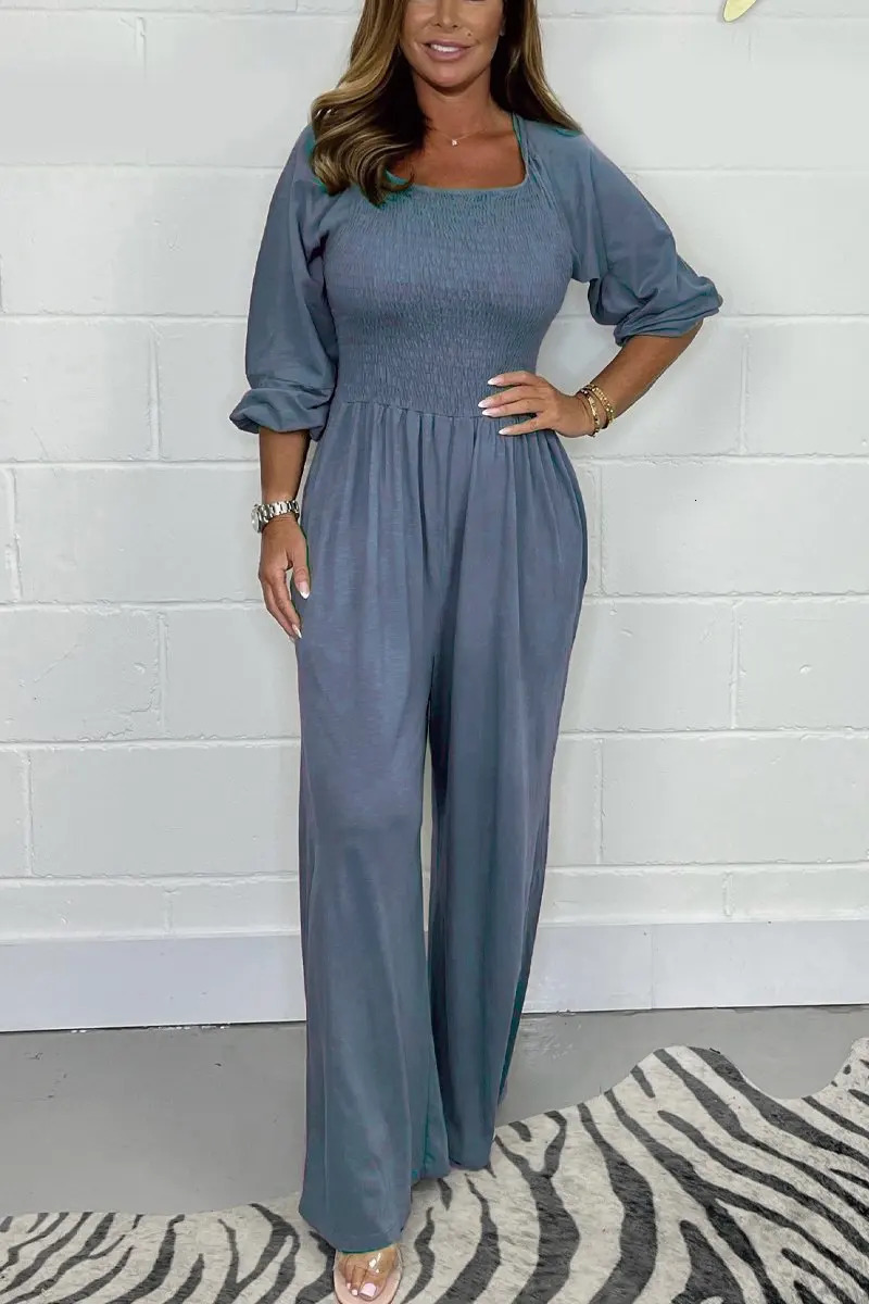Plus size womens jumpsuit casual fashion solid color pile sleeve jumpsuit pants plus size womens clothing 250515