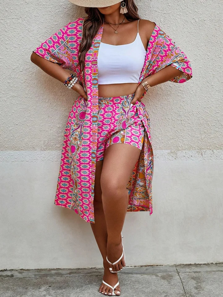 Womens Plus Size Printed Twopiece Set featuring a bohemian print open front kimono with short sleeves and shorts ensemble 250513Z