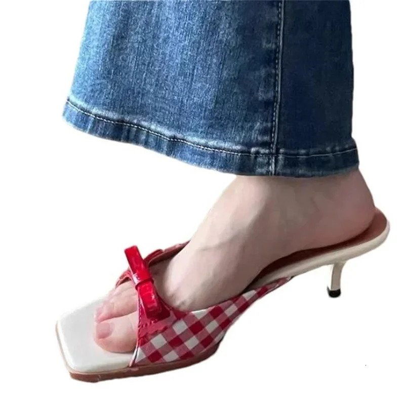 Shoes Retro Plaid Bow Sandals Kitten Heels French Style Peep Toe Shoes Mixed Color Sweet and Cute Womens Vocation Shoes 250514