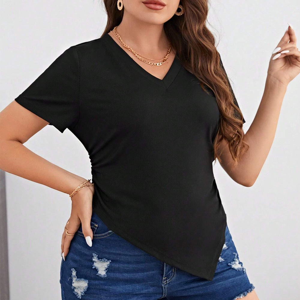Large Size Womens New Sexy V-neck Hem Irregular Slim Fit Knitted Short Sleeved Top