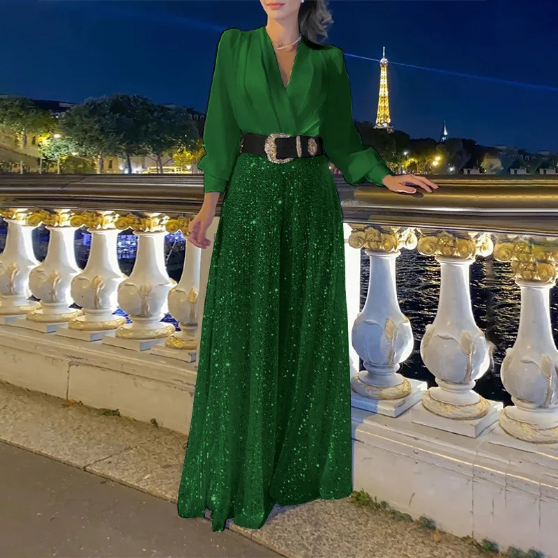 Plus-size fashionable V-neck long sleeve shirt temperament elegant sequins wide-legged onesie plus-size womens clothing 250515
