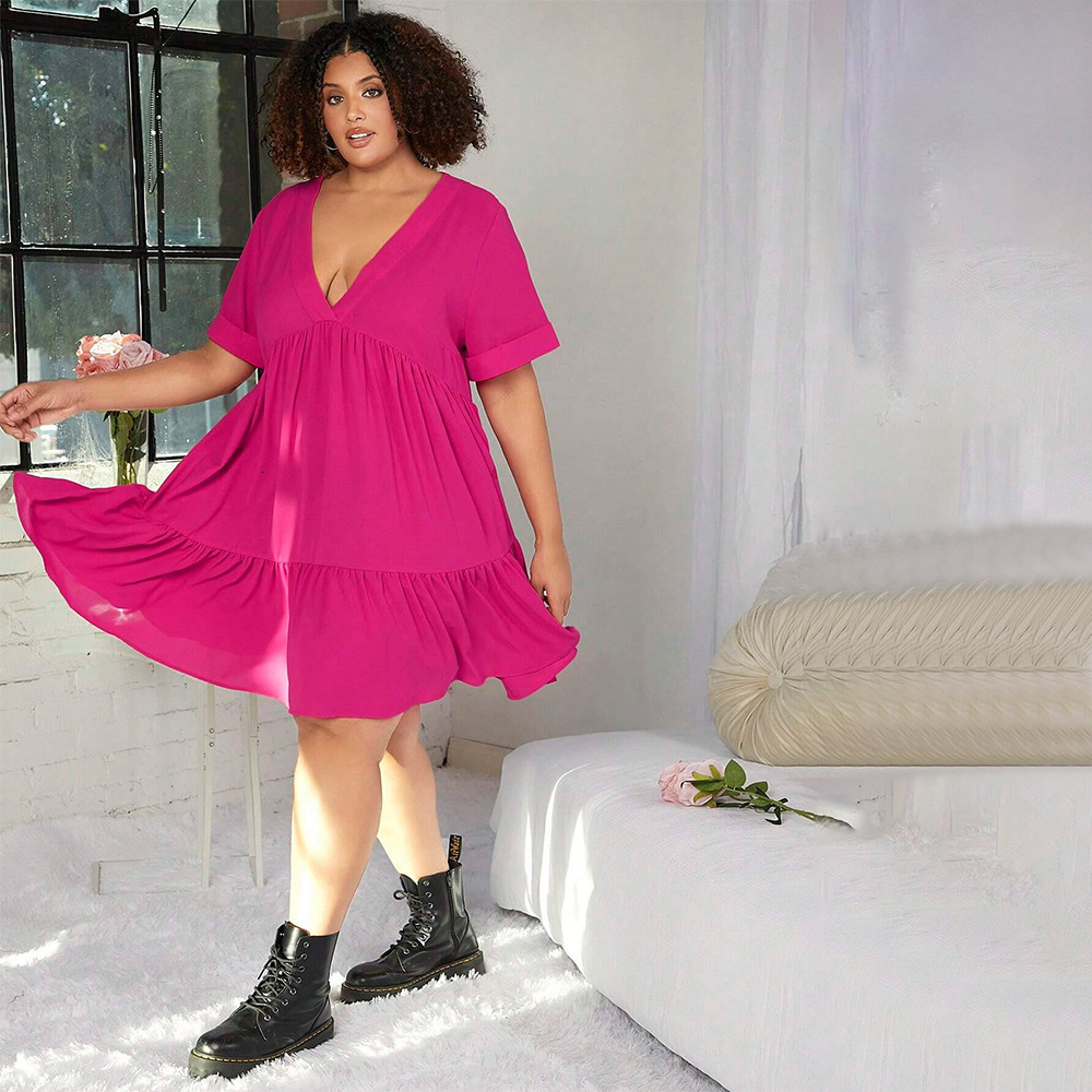 Spring New Rose Red Short Sleeved Lotus Leaf Edge Skirt with Elegant Temperament Deep V-neck Slim Fit Dress