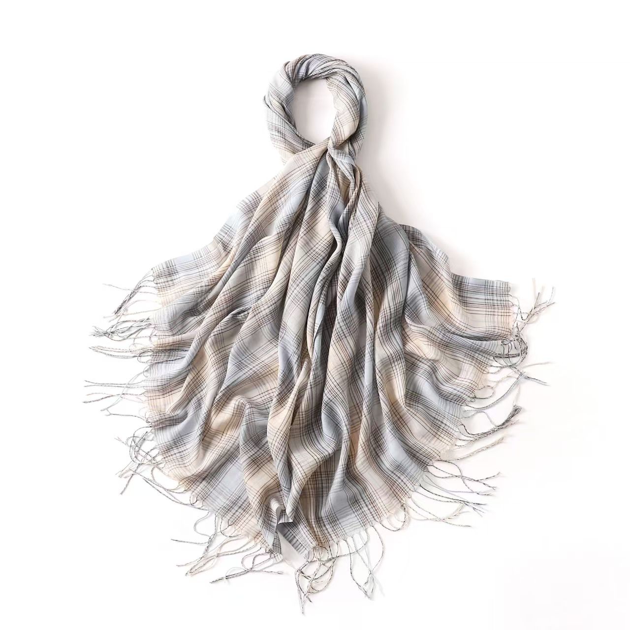 T721 Japanese style literary tassel plaid cotton and linen scarf Korean summer thin printed silk scarf female beach travel sunscreen shawl