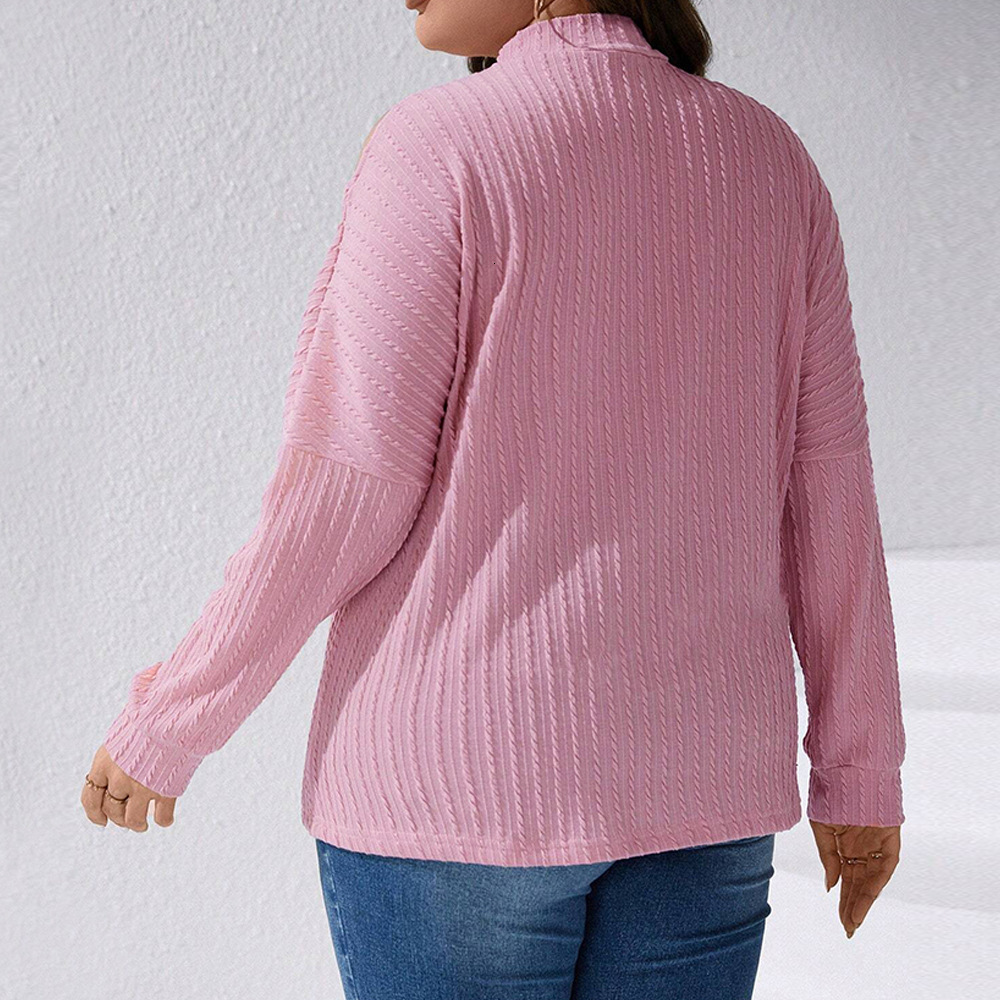 Large Size Womens Autumn and Winter New Texture Knitted Long Sleeved Half High Neck Off Shoulder T-shirt Top