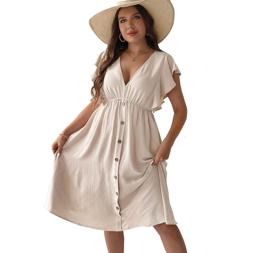 Large Size Womens Summer New Item Vacation Casual V-neck Button Ruffle Edge Dress
