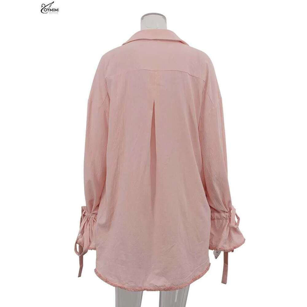Oymimi Elegant Pink Cotton For Women 2 Pieces Fashion Pockets Long Sleeve Lace-Up Shirts And High Waist Ruffled Shorts Sets