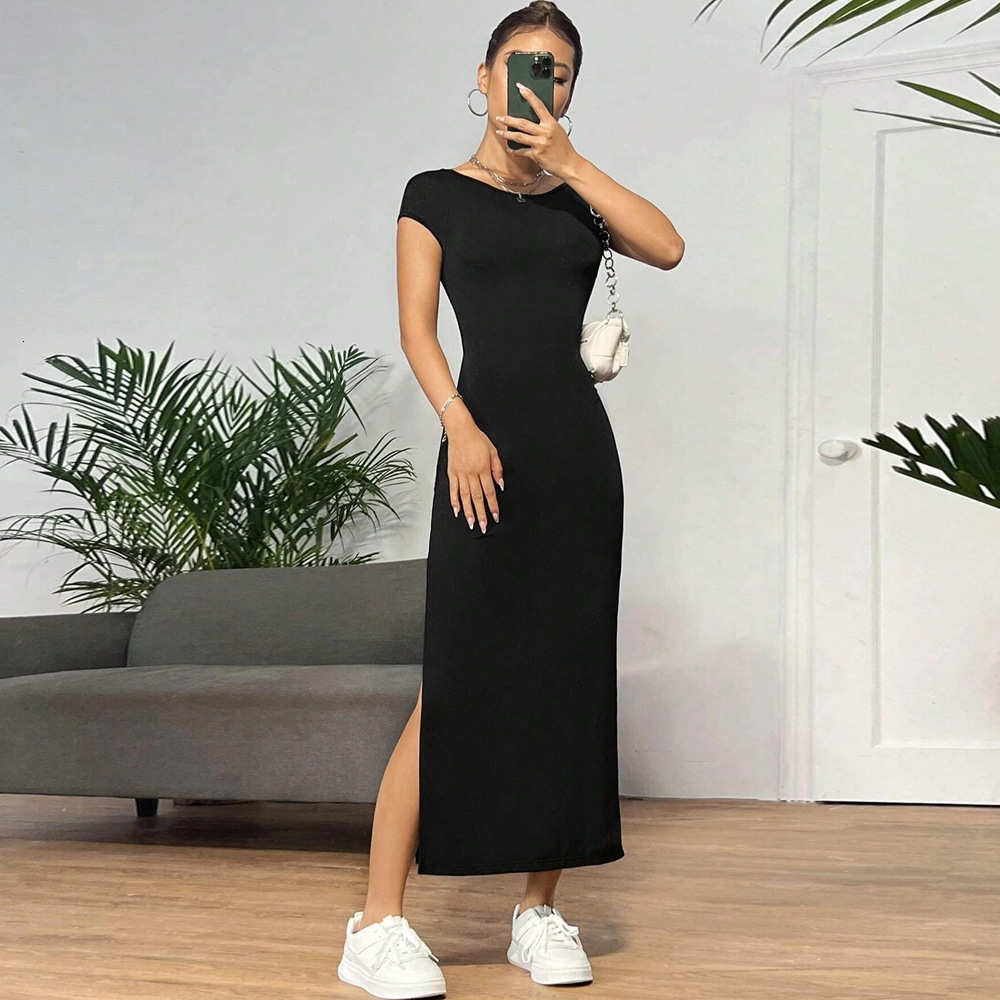 Womens Spring/summer Slim Fit Sexy Exposed Backpack Hip Slit Sleeveless Dress