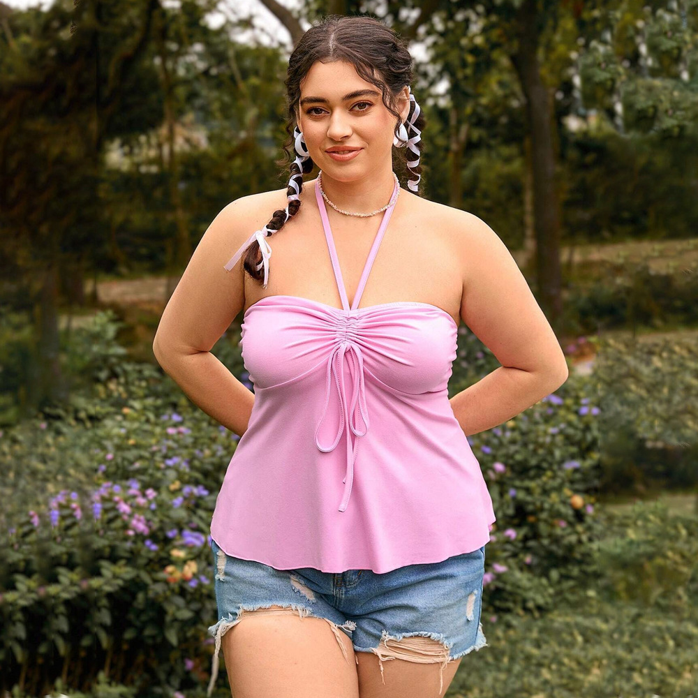 Oversized Womens Clothing Simple Pure Sexy Temperament Slimming Pink Hanging Neck Strap Vest Top