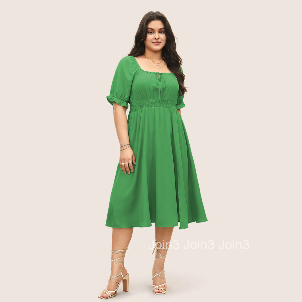 Large Size Womens Square Neck Bubble Sleeve Ruffle Solid Color Waist Cinched Vacation Style Dress