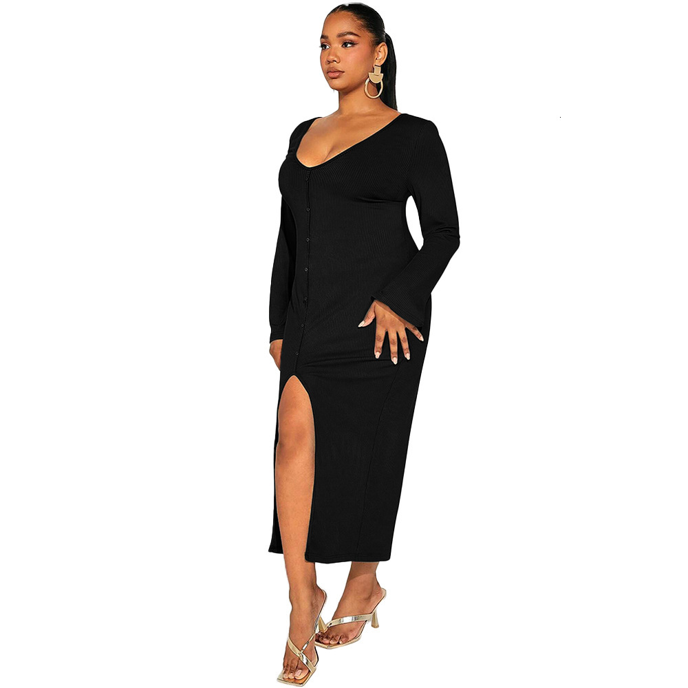 Large Size Womens Autumn and Winter New Sexy Slit V-neck Hip Hugging Long Sleeved French Dress