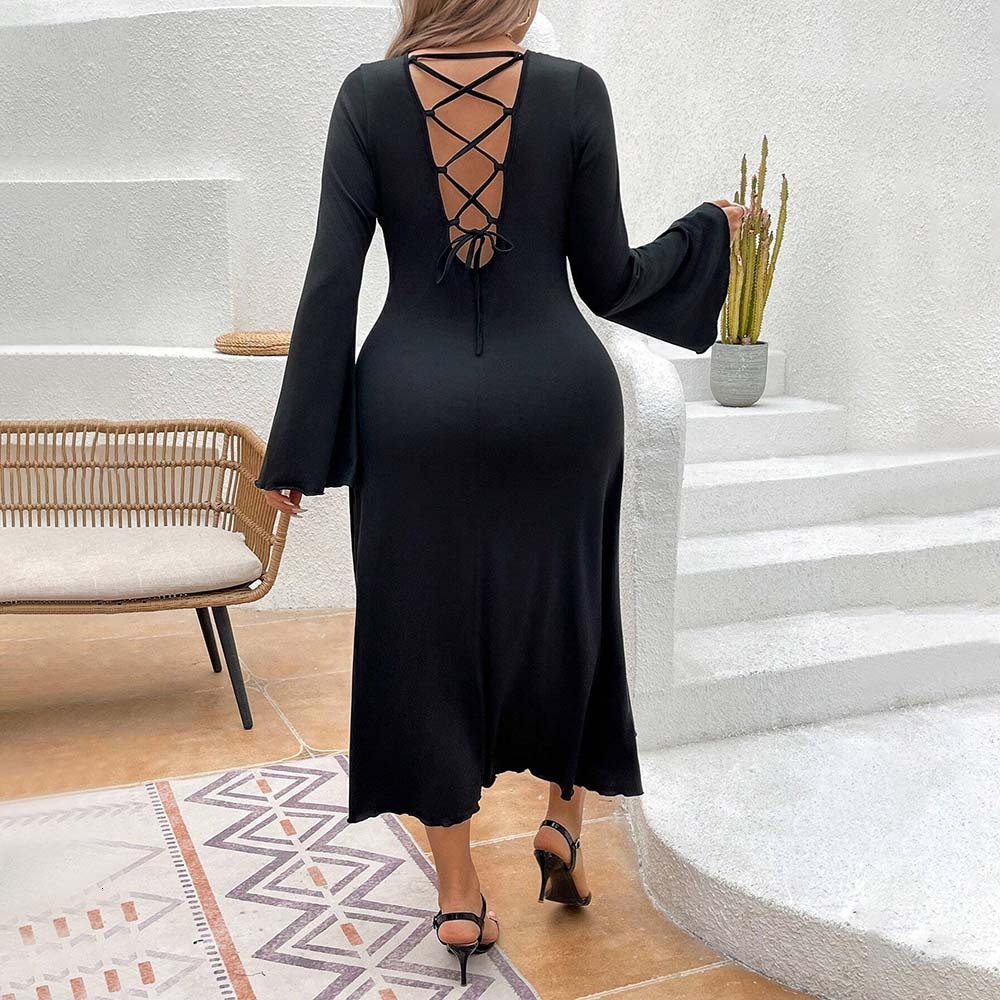Large Size Womens Sexy and Intellectual Dress Autumn and Winter Backless Strap Waist Cinching and Slimming Mid Length Skirt