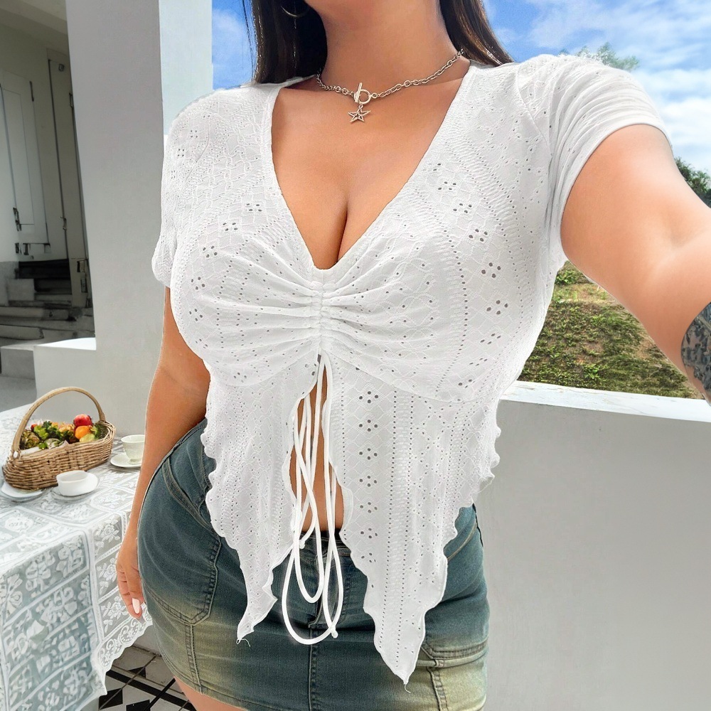 2025large Womens Elegant Sweet and Spicy Style T-shirt Spring/summer New V-neck Tight and Slim Top