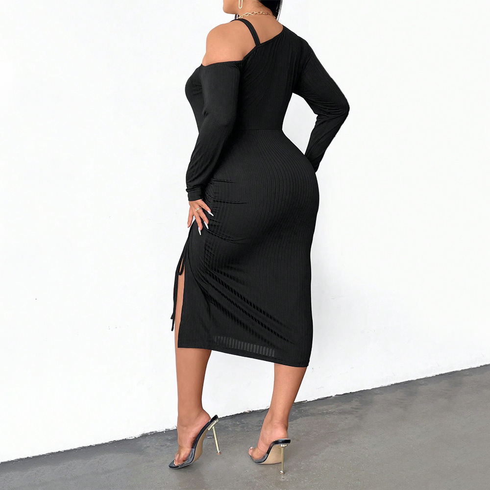 Large Size Womens Off Shoulder Diagonal Collar Long Sleeved Slimming Drawstring Irregular Hip Hugging Sexy Dress