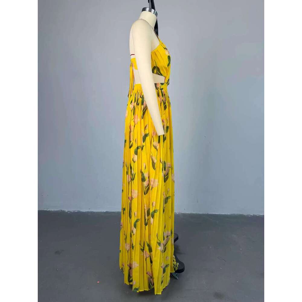 Elegant Floral Print Sleeveless Sweet Strapless Floor-Length Long Women Dress Beach Party Birthday Sexy Pleated Dresses
