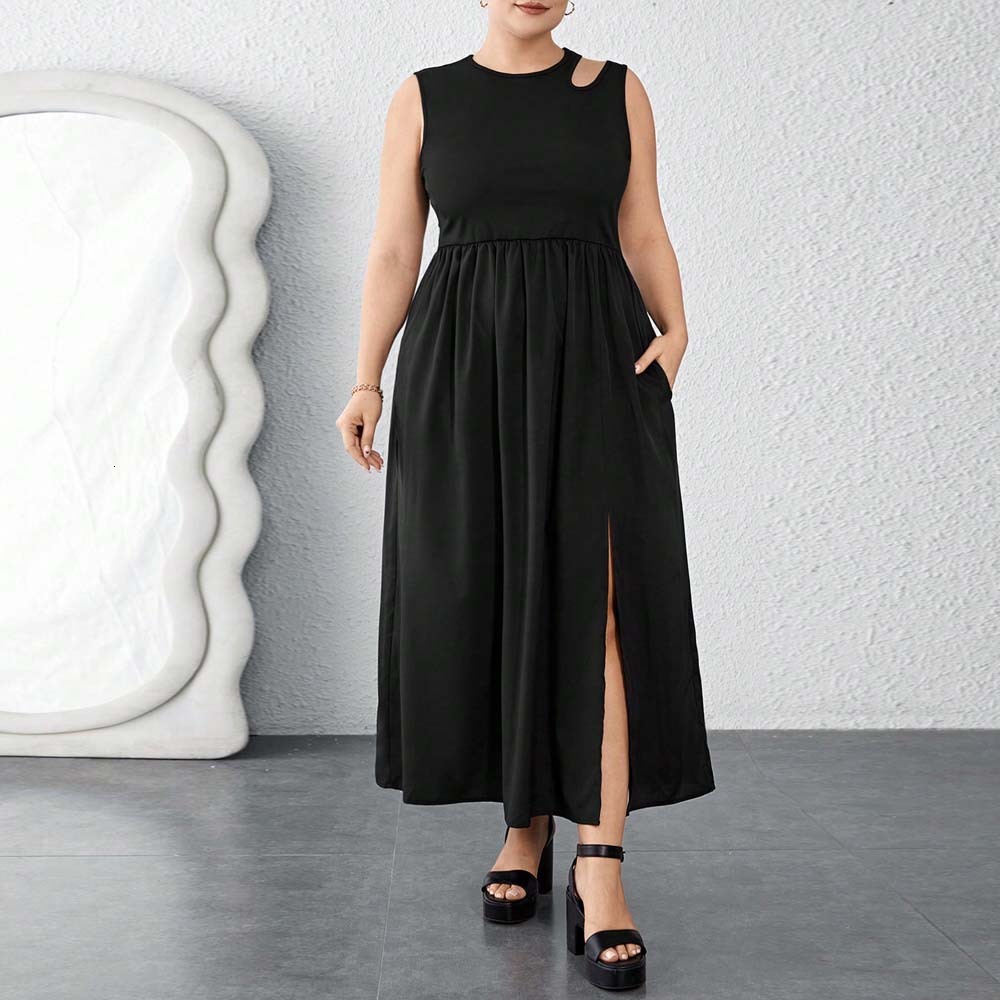 Summer New Large Round Neck Waist Split Skirt Tank Top Sleeveless Splicing Dress