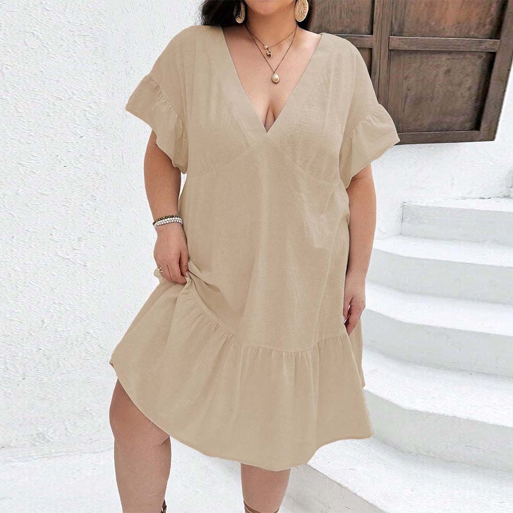 Large Size Womens Casual Style V-neck Dress Summer New High Waisted Pleated A-line Mid Size Skirt Childrens