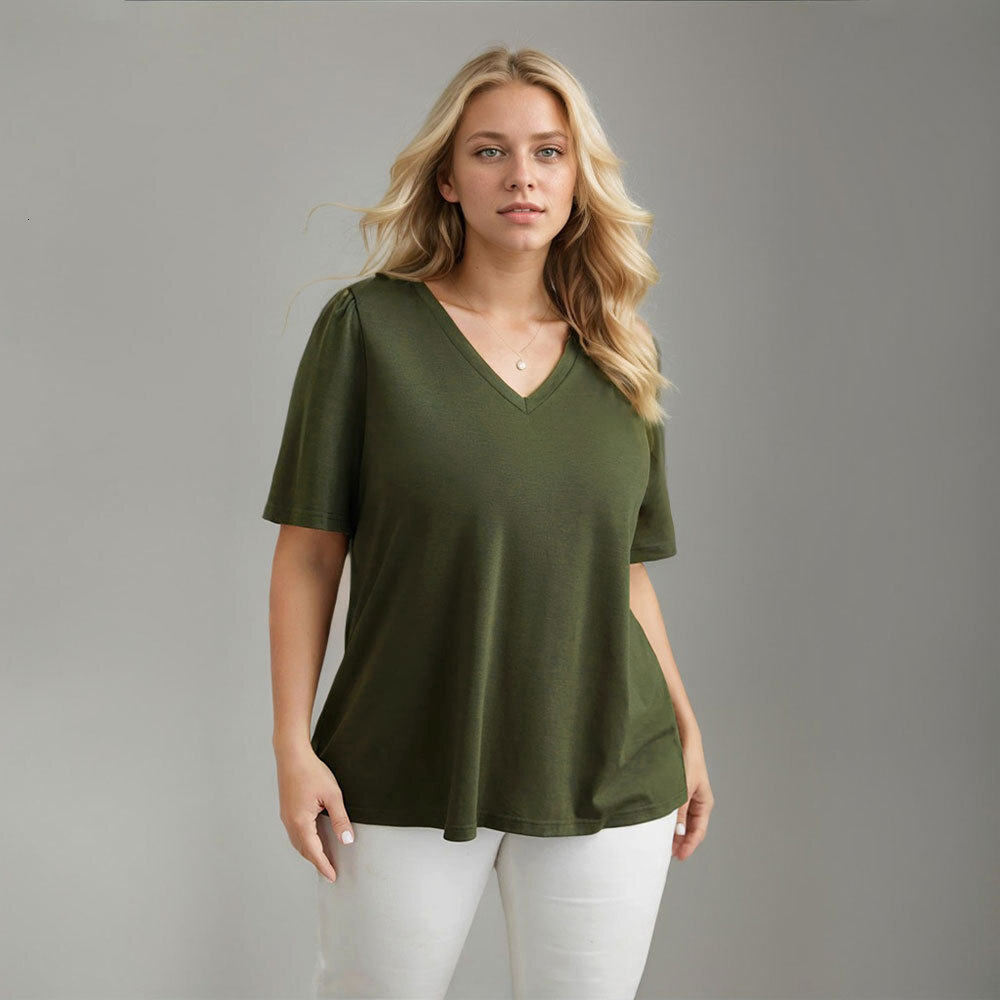 Womens 2025 Spring/summer New Solid Color V-neck Short Sleeved T-shirt for Women