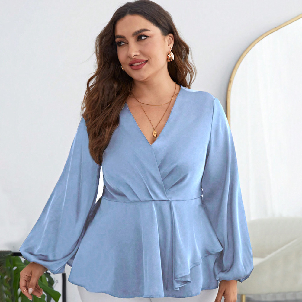 Large Size Womens Temperament Solid Color Chiffon Shirt with Waist Cinched Bubble Sleeves V-neck Long Sleeved Shirt Top