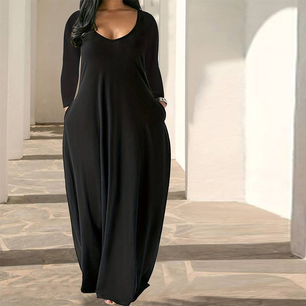 Autumn and Winter Plus Size Womens Simple Commuting U-neck Dress Loose Casual Slimming Long Skirt