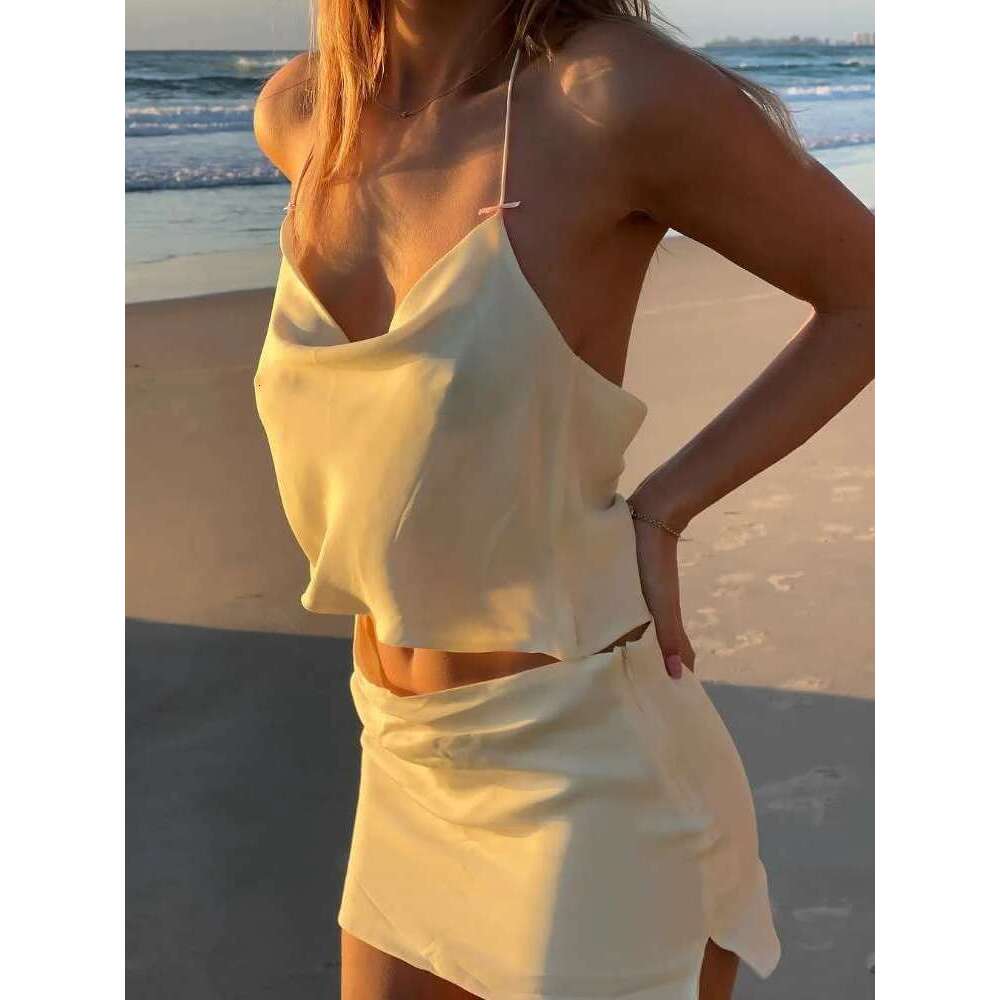 Weird Puss Summer Fashion 2 Piece Set Women Halter Swing Collar Ruffles Hem Tops+Mini Skits Vacation Trend Beach Party Outfits