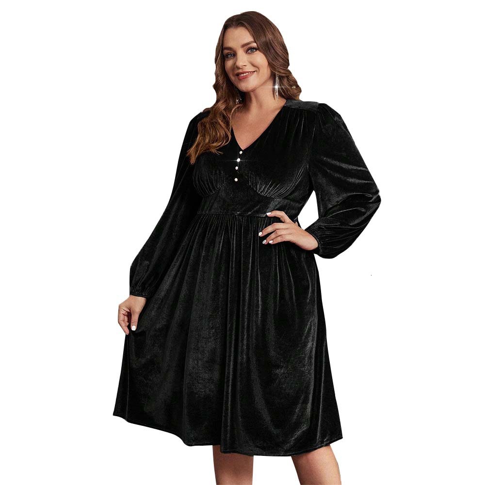 Plus Size Womens French Elegant Style Dress with Autumn and Winter Temperament Korean Velvet Medium Long Skirt