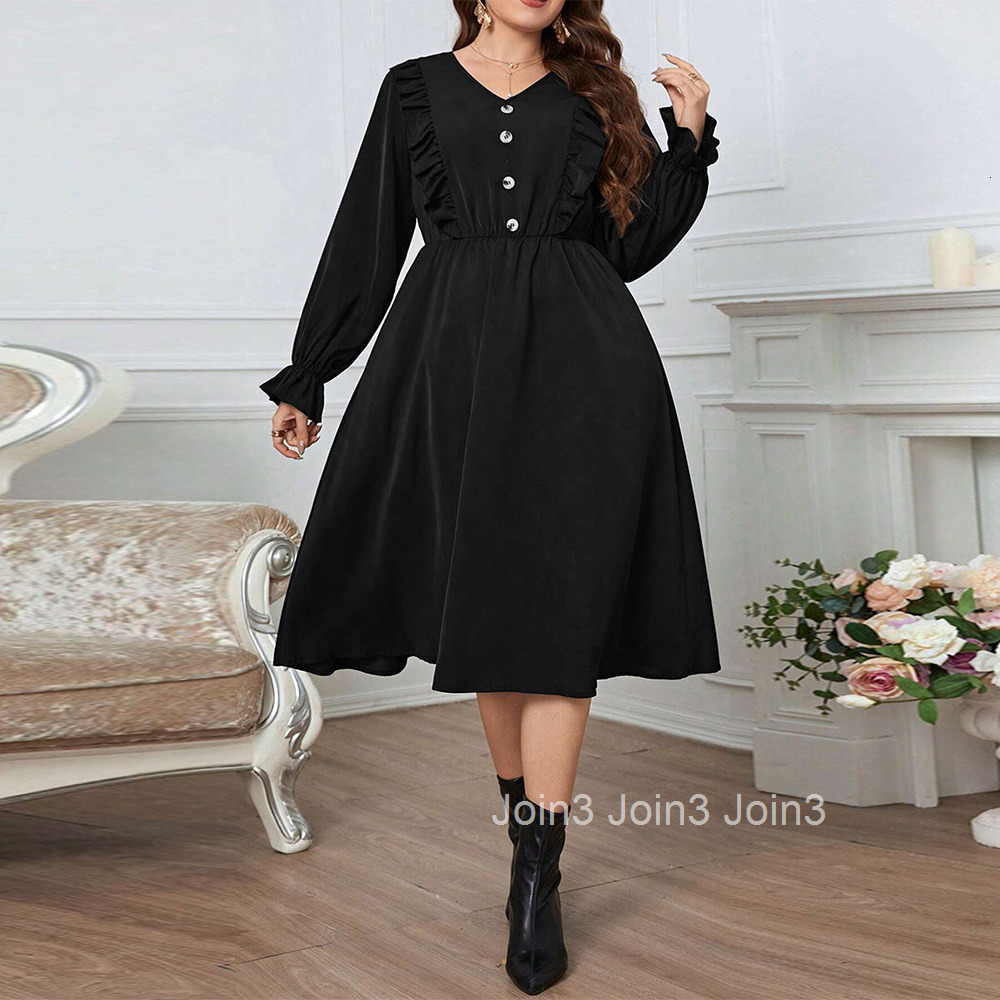 Large Size Womens New Collection with Waist Cinching and Large Skirt V-neck and Bubble Sleeves Stylish Dress