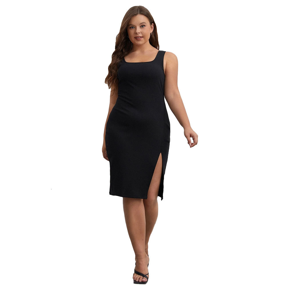 Spring/summer Plus Size New Slim Fit and Slimming Square Neck Sleeveless Slit Hip Hugging Sexy Dress