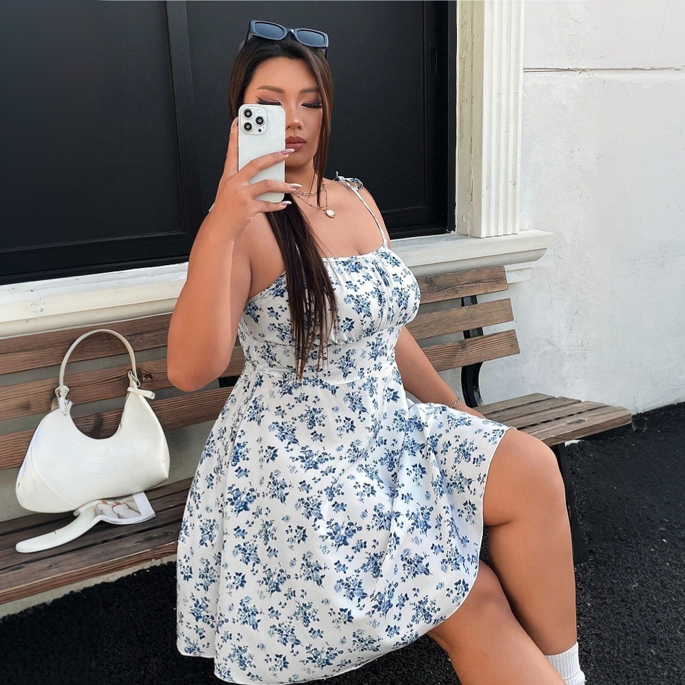 Large Size Womens 2025 Sexy Suspender Floral Dress Sleeveless High Waisted A-line Temperament Short Skirt