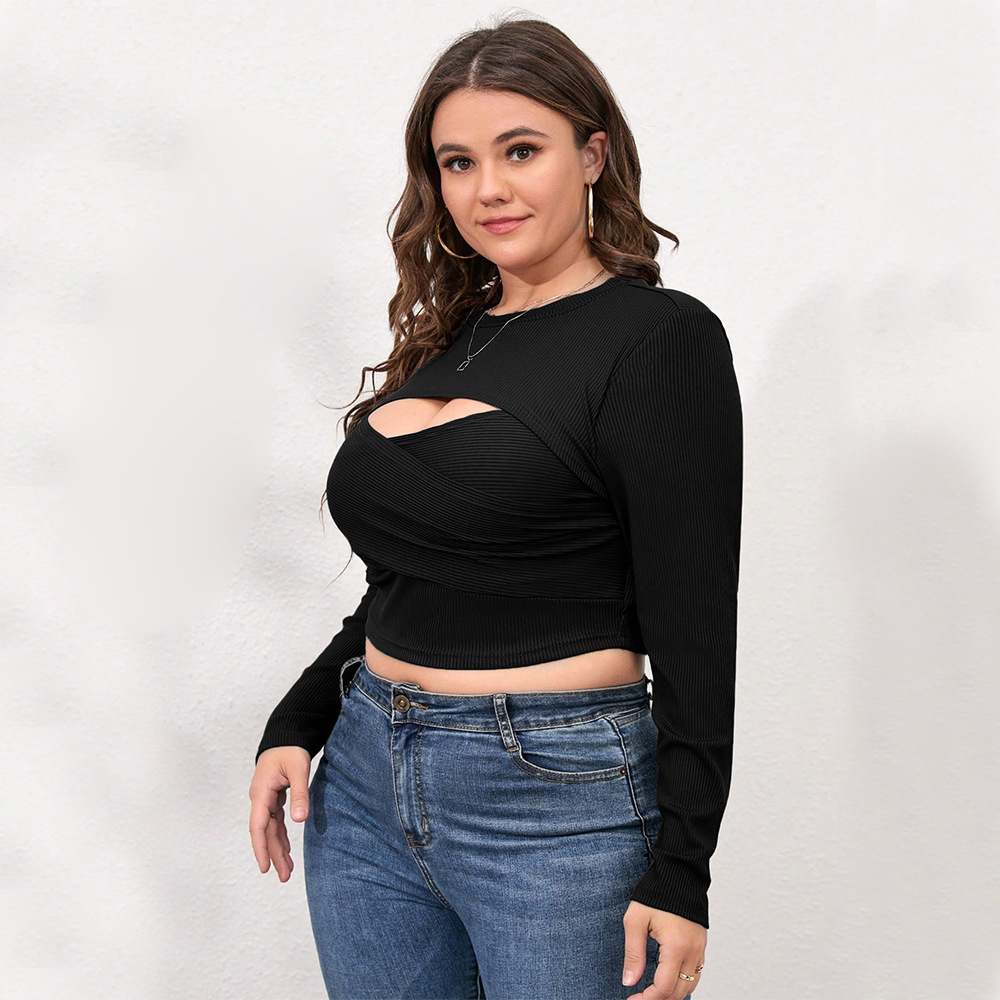 Large Size Womens Round Neck Hollowed Out Slim Fit Base Shirt Womens Fake Two Pieces Short Style Slimming Long Sleeved Top