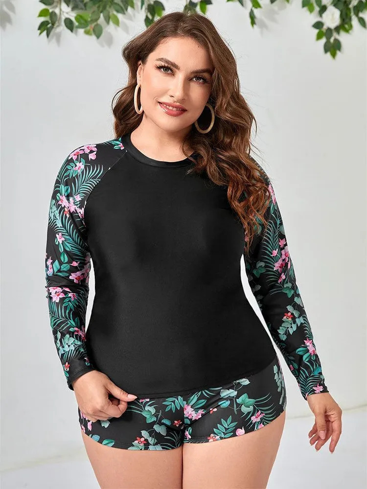 Plus Size Swimwear Women Printed Long Sleeve Swimsuit Two Piece Sport Surfsuit Sun Protection Beachwear Summer Tankini 250515