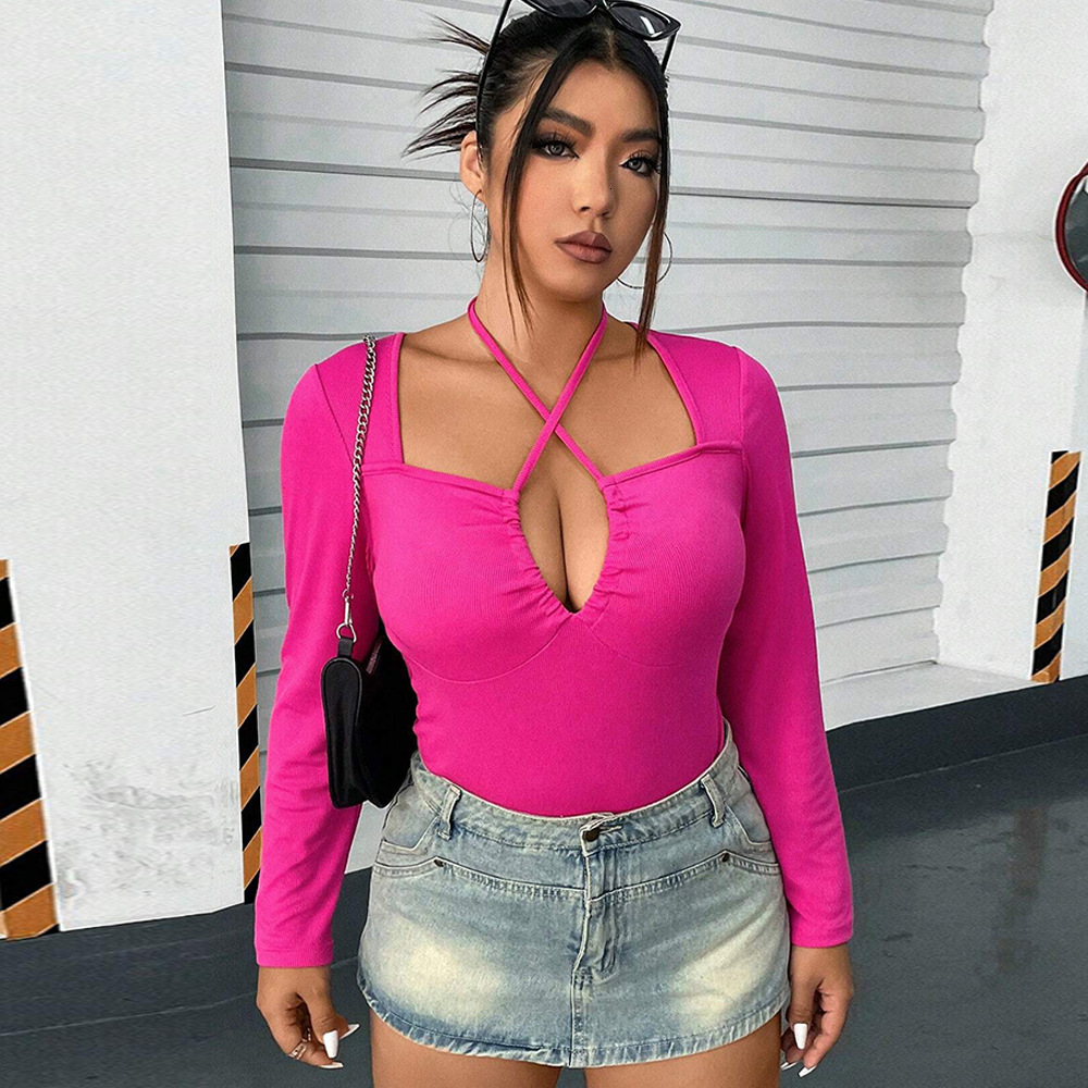 Womens Clothing Autumn and Winter New Style Sexy Hollow Hanging Neck Slim Fit Long Sleeved T-shirt American Ins Top