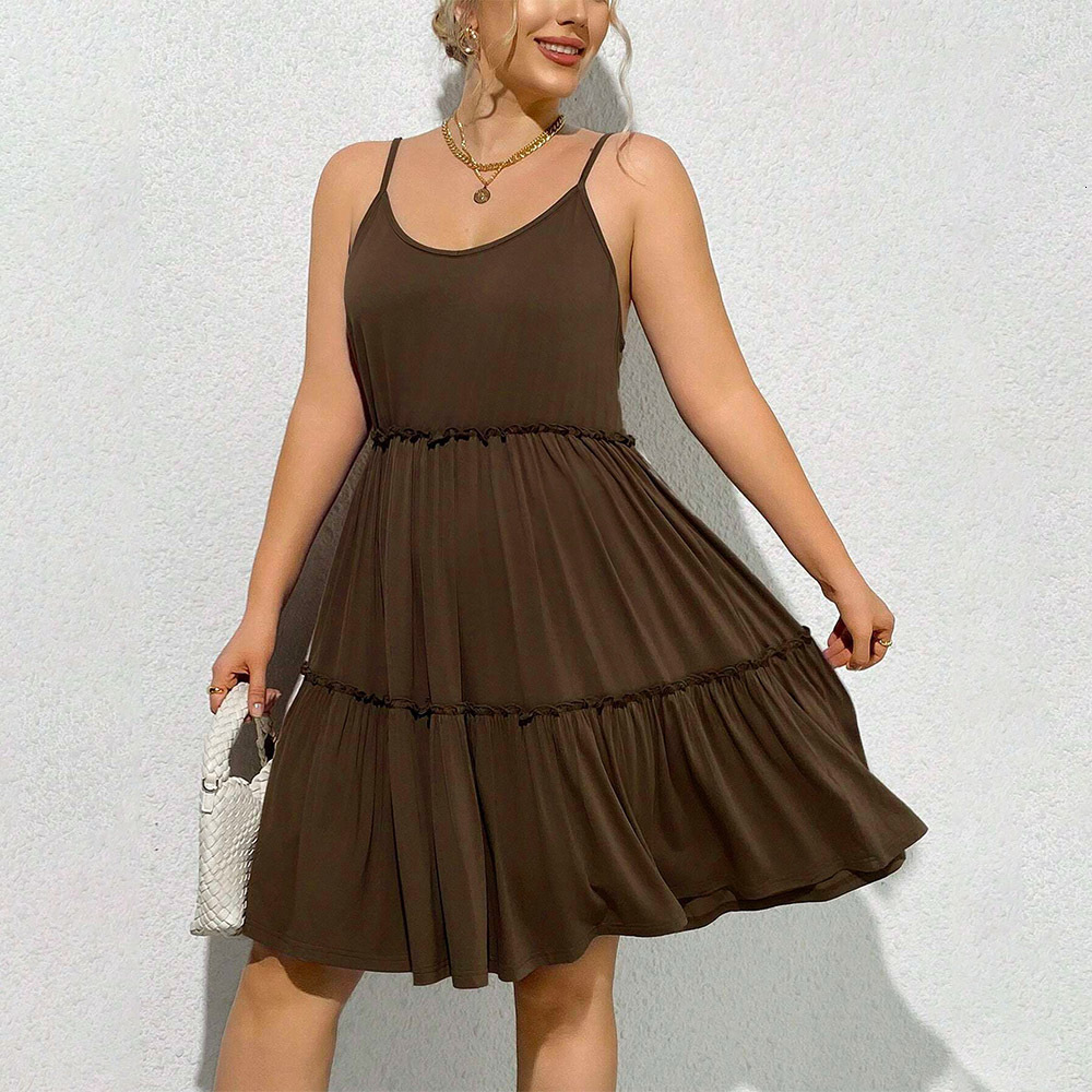 Large Size Womens Elegant Style U-neck Dress Summer New High Waisted Pullover Solid Color Mid Length Skirt
