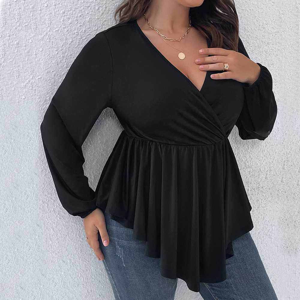 Large Size Feminine V-neck Cinched Waist Slimming Long Sleeved Knitted Long Sleeved Solid Color Large Swing Elastic Waist Top