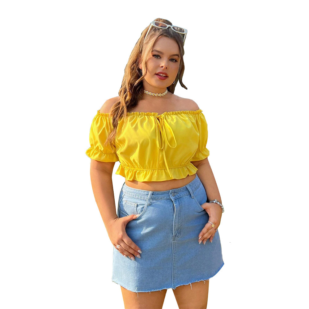Large Womens Short Open Navel Summer Bubble Sleeves Sexy Off Shoulder T-shirt Womens Top
