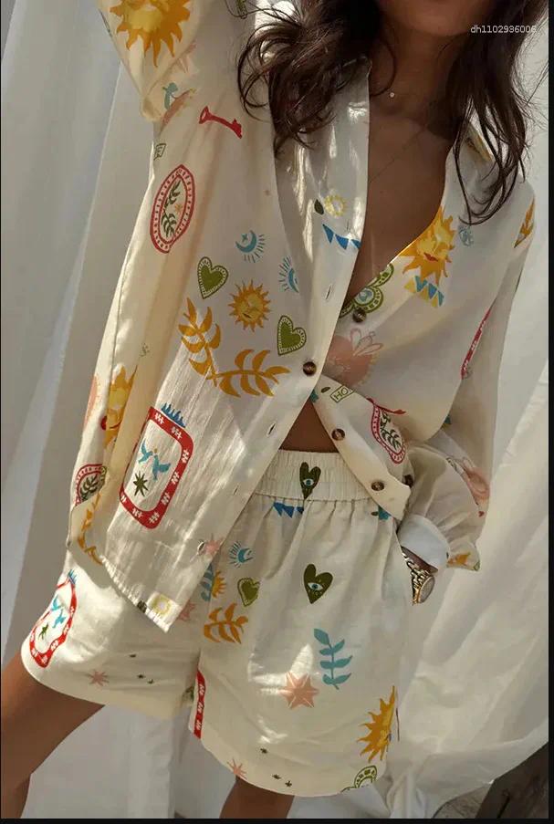 Women's Tracksuits Fashion Print Beach Holiday 2 Piece Set Women Summer Short Sleeve Shirt Top Wide Legs Shorts Oversize Two Outfit