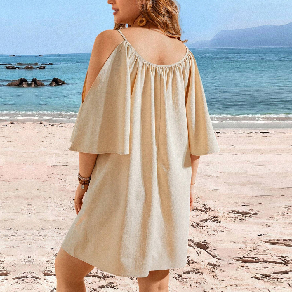 Large Size Womens Spring/summer Vacation Casual Round Neck Sexy Off Shoulder Short Sleeved Dress