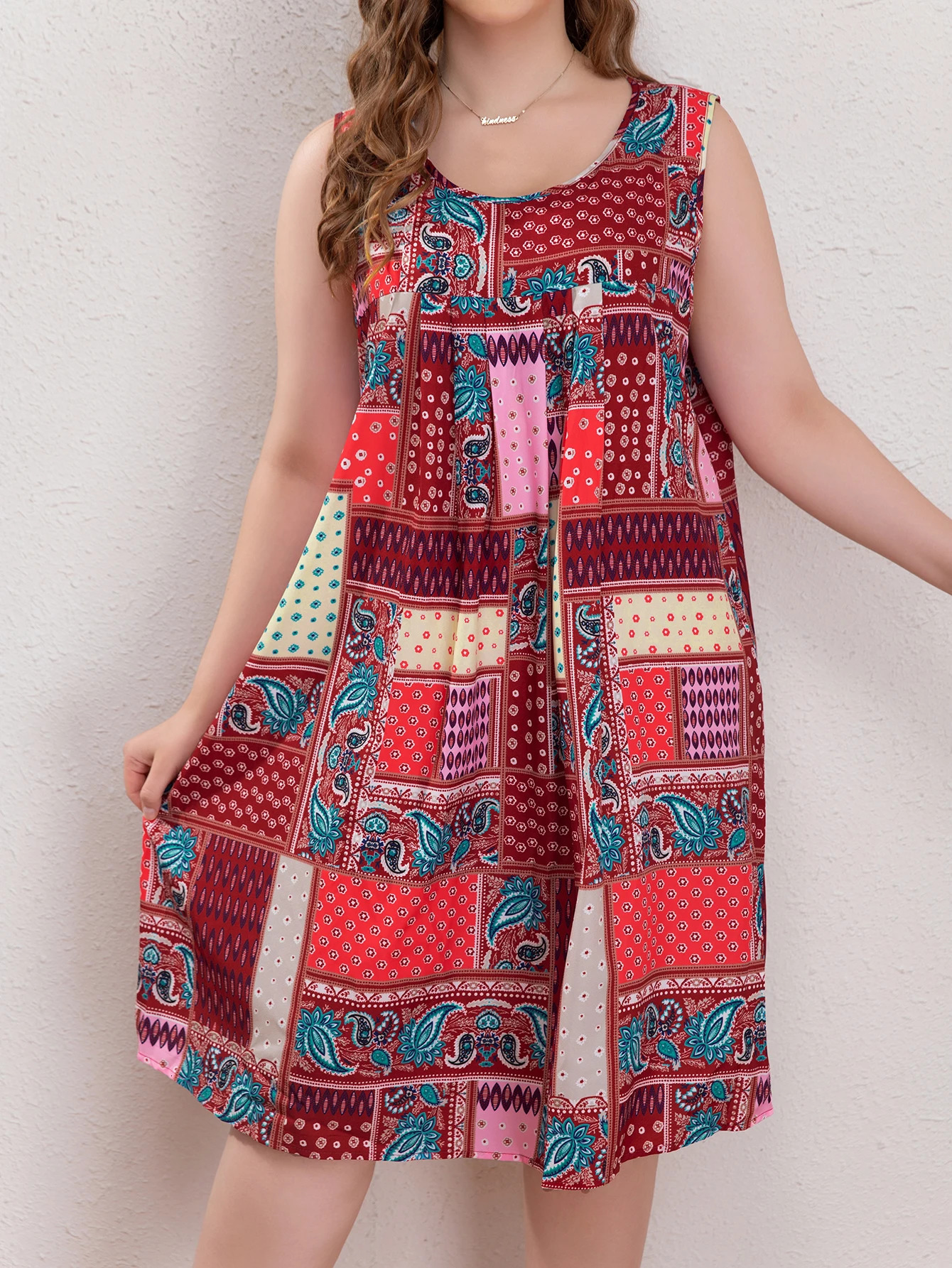 Plus size womens springsummer retro elegant polyester fiber seamless splicing printed fashionable and comfortable dress 250506