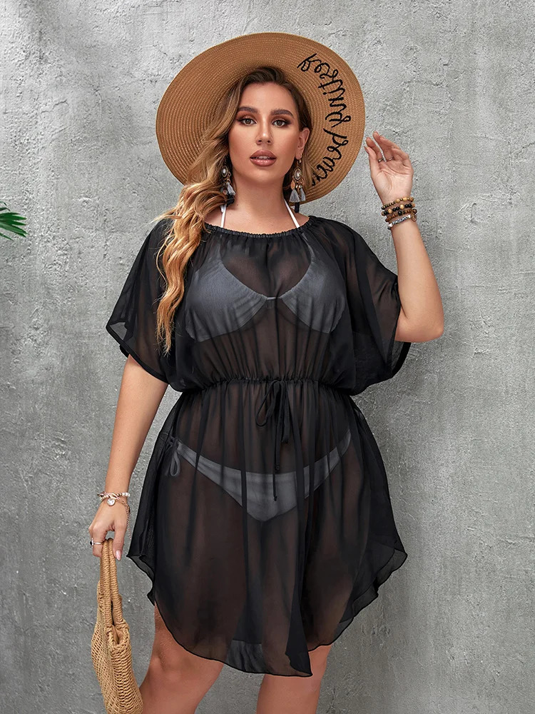 Plus Size Loose Beachwear Cover Up Beach Holiday Swimsuit Round Neck Strapless Loose Pullover Dress Sunscreen Cover Up Beachwear 250515