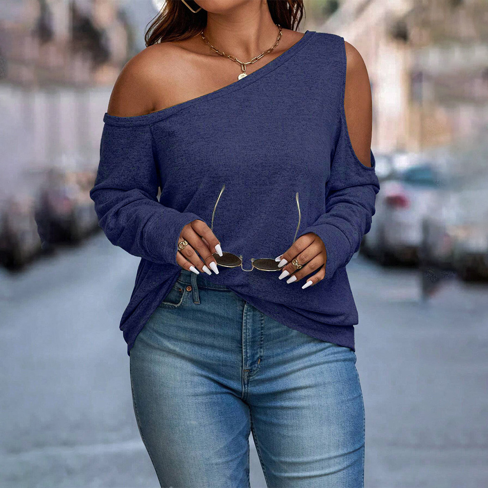 Plus Size Womens Instagram Trendy T-shirt Autumn/winter Diagonal Collar Off Shoulder Loose Slimming Top