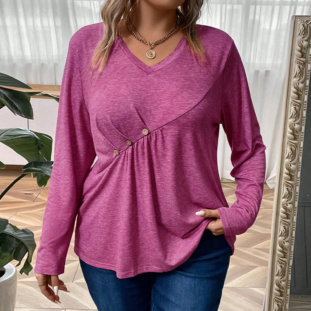 Large Size Womens French V-neck Long Sleeved T-shirt with a Cinched Waist and Short Base Pleated and Slim Fit Top