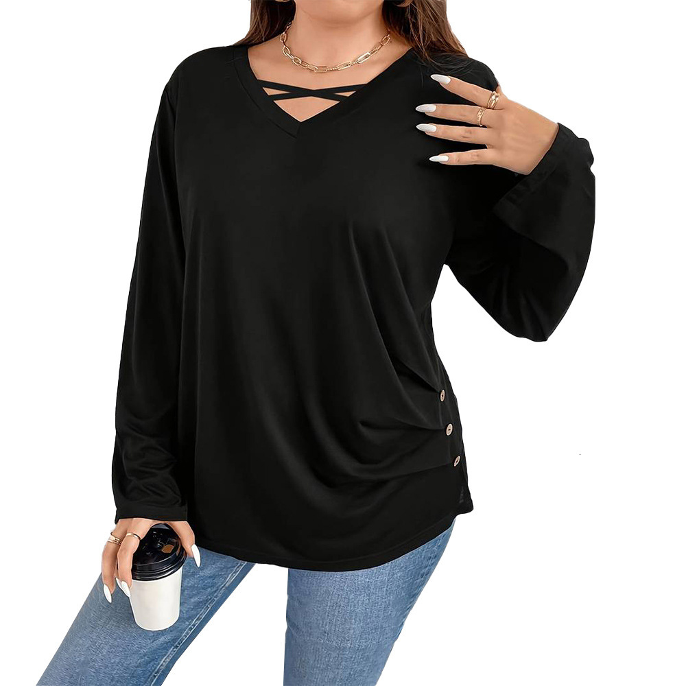 Plus Size Womens New Minimalist Casual T-shirt for Autumn and Winter Loose and Slimming Solid Color Base Top