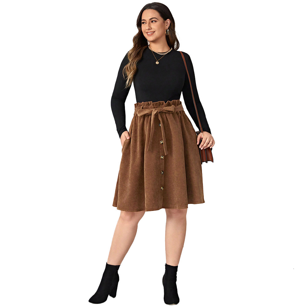 Oversized Womens A-line Umbrella Skirt Looks Slim High Waist Casual Lace Up Corduroy Half Length Skirt