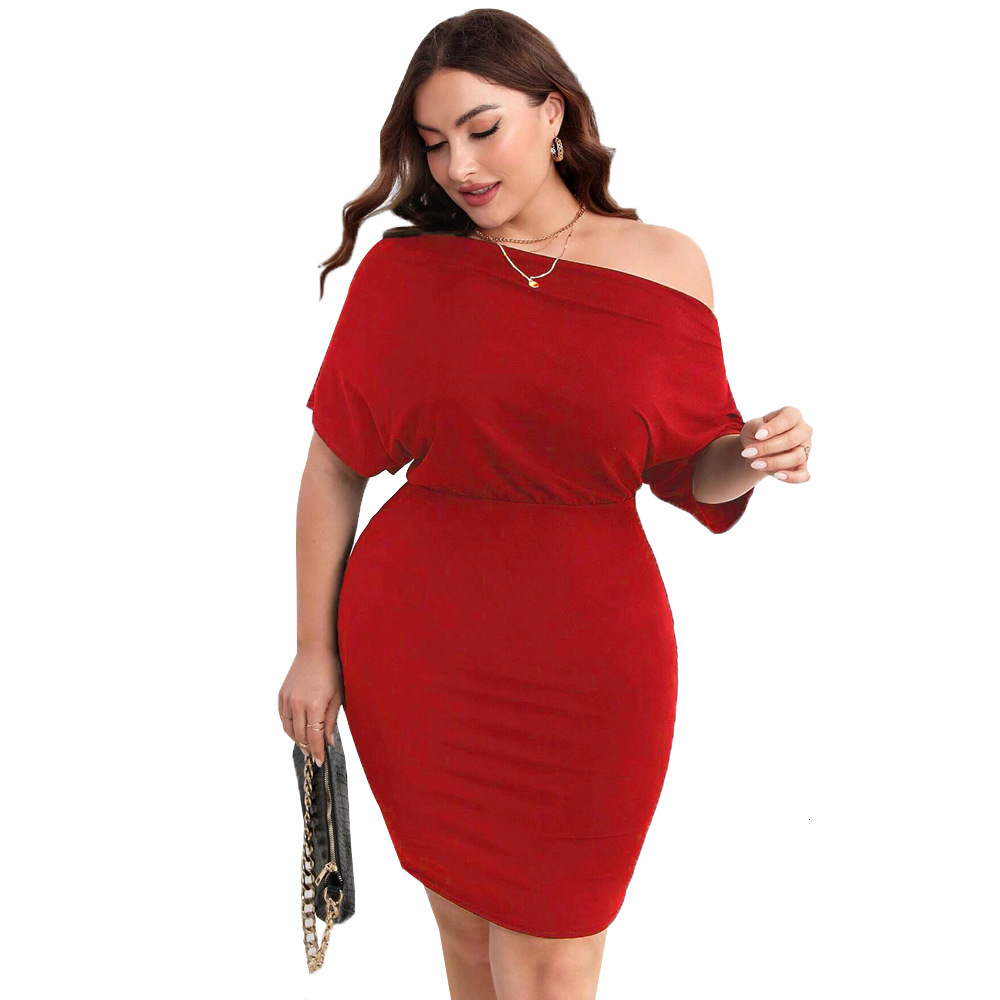 Plus Size Womens Red Dress Summer Diagonal Shoulder Bag Hip Mid Length Skirt Mini Skirt