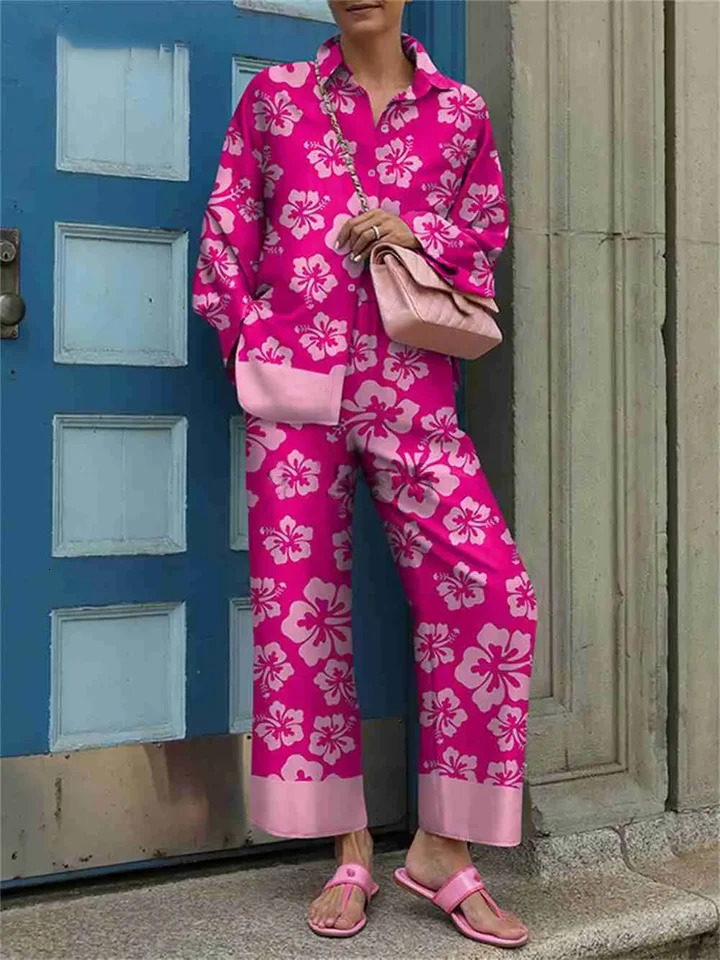 Plus size womens spring and summer fashion trend random flower print casual n elegant longsleeved shirt trousers set 250513Z
