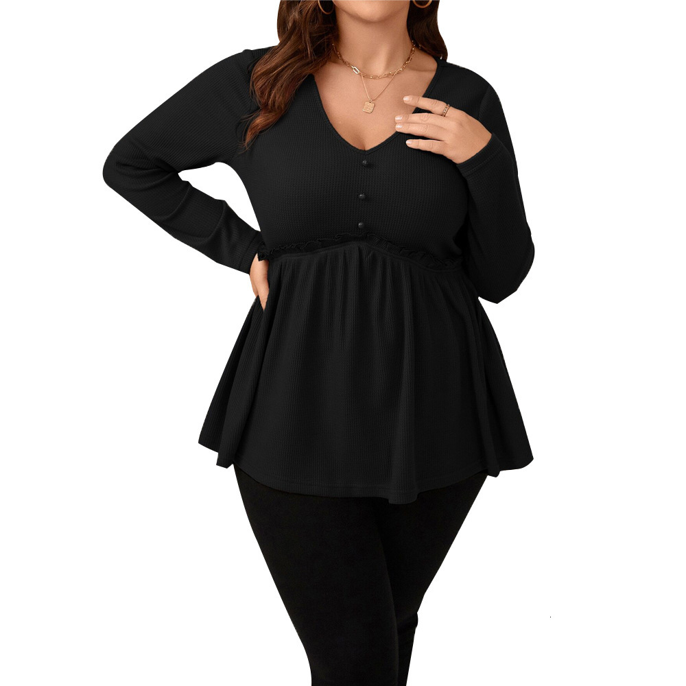 Plus Size Womens V-neck Long Sleeved T-shirt Autumn and Winter Elegant Style Fashionable Versatile Slim Fit Top for Women